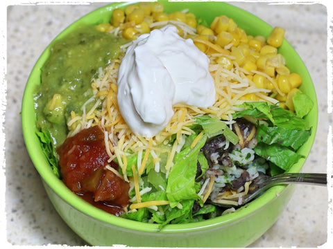 Sue's Burrito Bowl, Black Bean Flakes, Protein Bowl