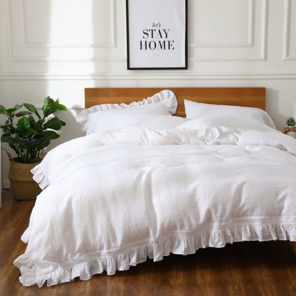 Flaxlinens Com Belgian Linen Ruffled Duvet Cover 3 Piece Set In