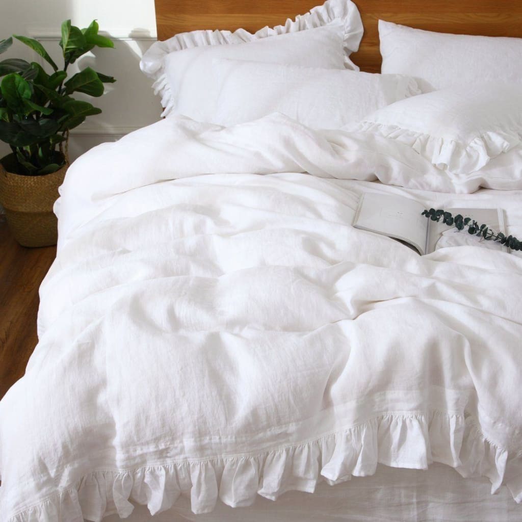 Flaxlinens Com Belgian Linen Ruffled Duvet Cover 3 Piece Set In