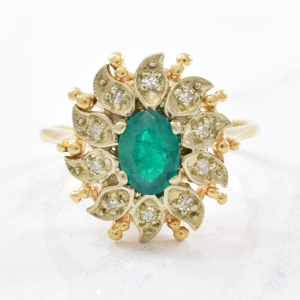 'Courtship' Floral Diamond Halo Emerald Ring Circa 1940s | 0.12ctw, 0.55ct | SZ 8 |