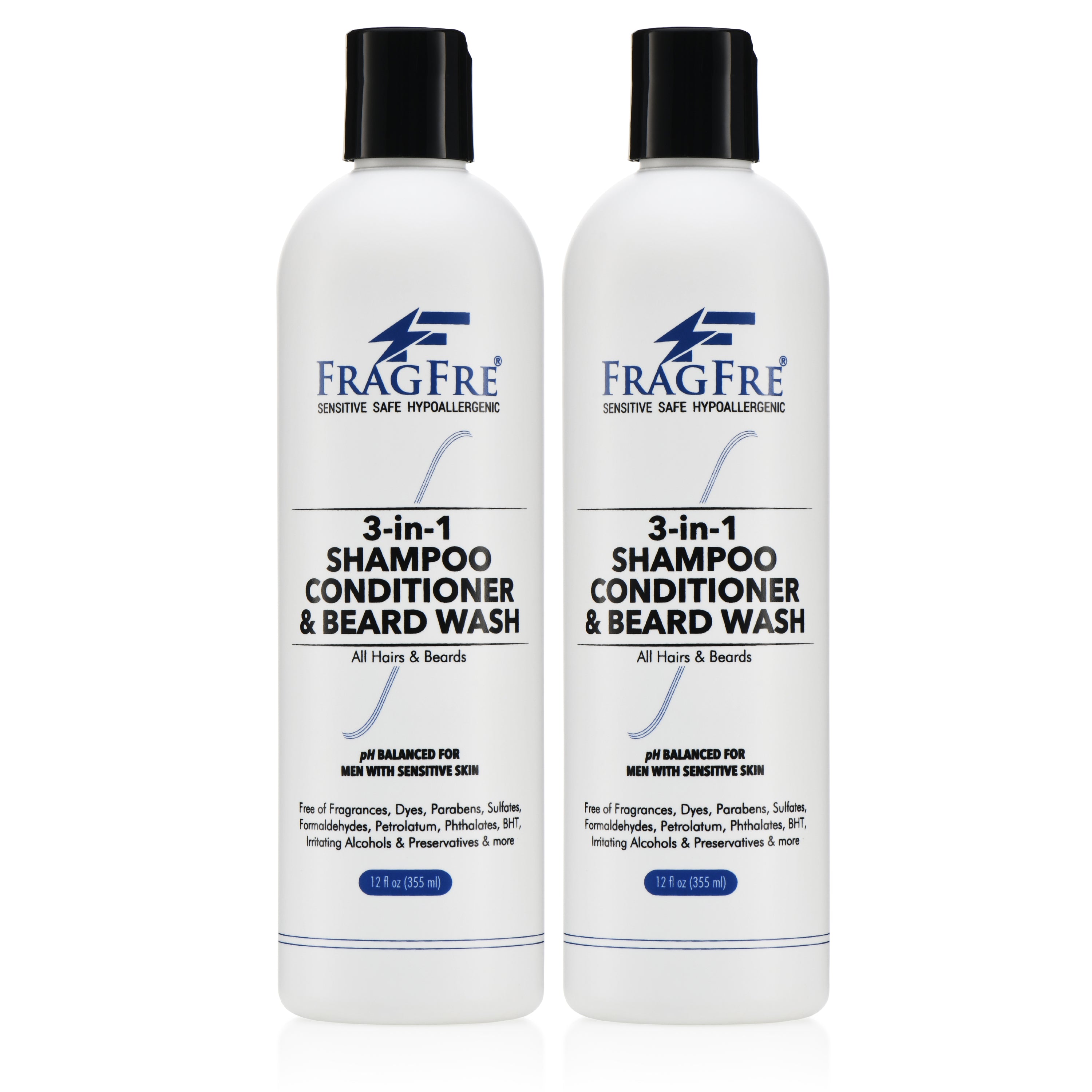 FRAGFRE 3 in 1 Shampoo Conditioner and Beard Wash for Men 12 oz (2-Pack Gift Set) - Unscented Beard 