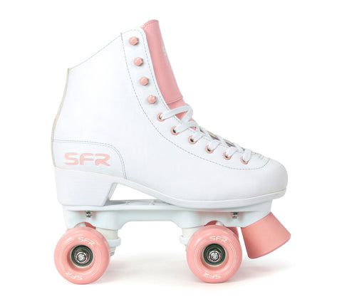 white and pink roller skates