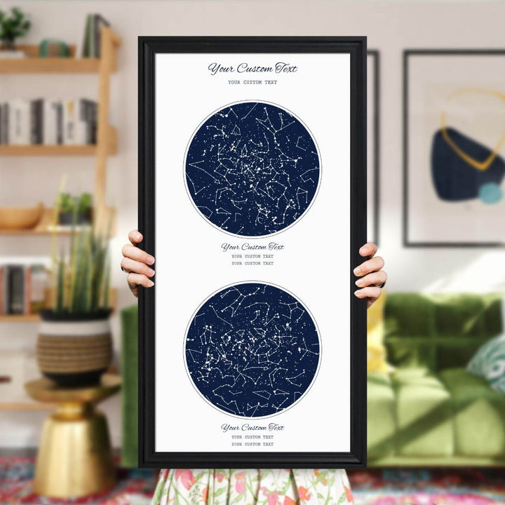 Star Map Gift Personalized With 2 Night Skies, Vertical, Black Beveled Framed Art Print, Styled#color-finish_black-beveled-frame
