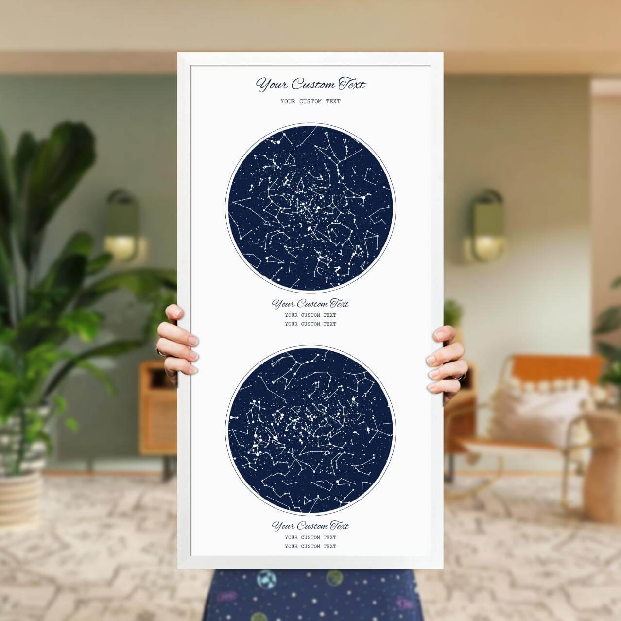 Star Map Gift Personalized With 2 Night Skies, Vertical, White Thin Framed Art Print, Styled#color-finish_white-thin-frame