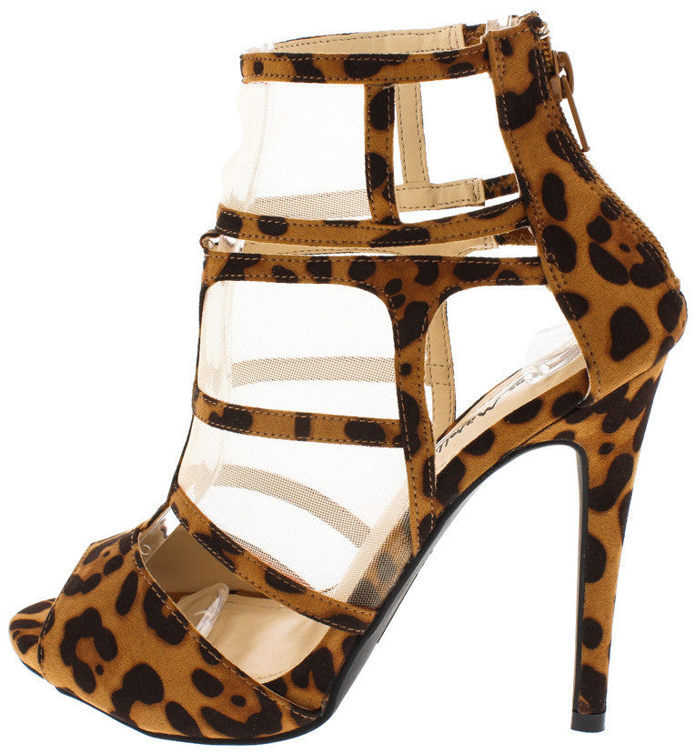 Leopard Mesh Caged Peep Toe Heels 