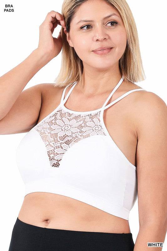 PLUS HIGH NECK LACE CUTOUT BRALETTE WITH BRA PADS