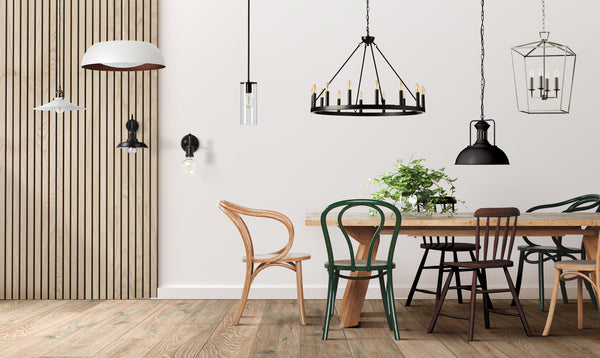 Hinterland collection of pendants and wall lamps with industrial, lantern and traditional styles.