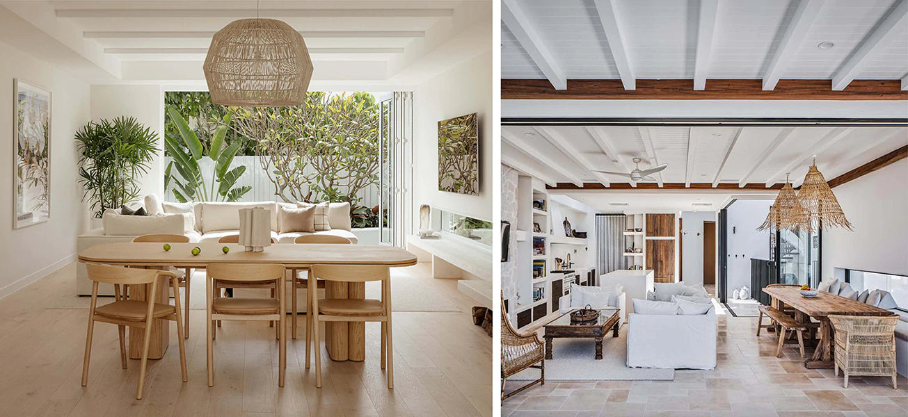 Beach house interiors with neutral colour floor, walls and ceiling. Timber and natural materials throughout the space. Rattan pendant lamp shade.