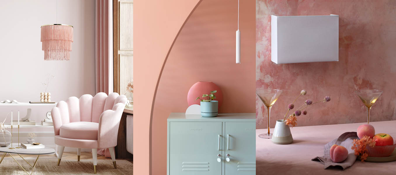 Ellui pendant in coral peach colour, peach walls with white linear pendant hanging over muted green hallway cabinet, white fabric wall lamp installed above a dining table scene with a pink wall.
