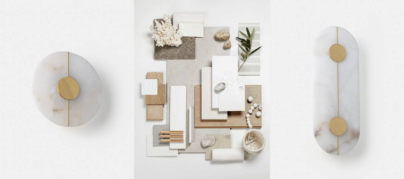 Baylor Single wall lamp, a mood board with various natural materials such as marble, stone and timber, and Baylor Double wall lamp.