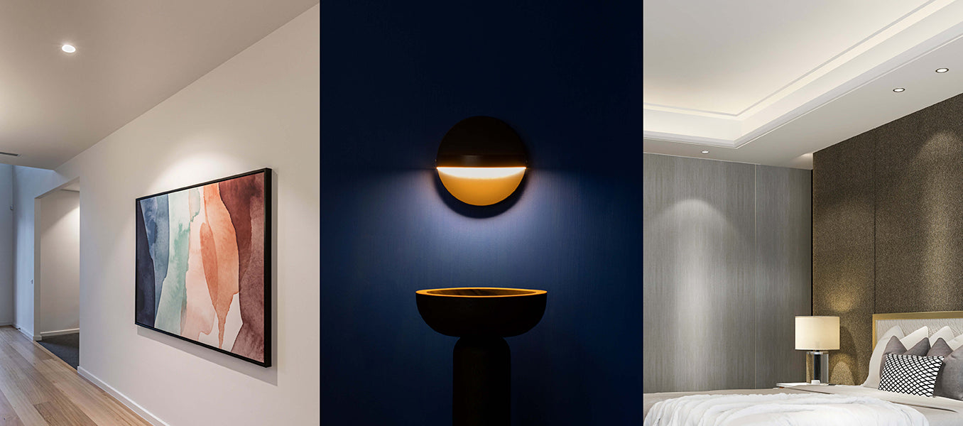 Accent lighting with a downlight focusing on an artwork, a wall light spotlighting a decorative vessel, and a ceiling with recessed strip lighting.