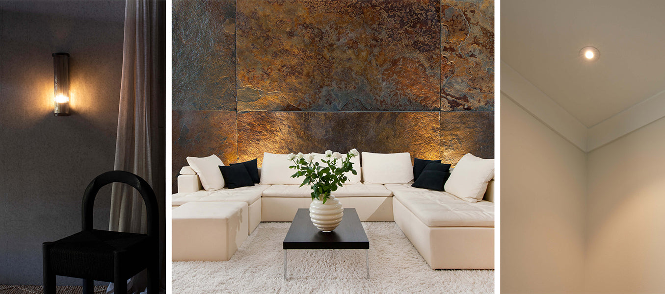 Left: The Dorian wall lamp brings contrast with the 'highlight and shadow' technique. Middle: A 'grazing' cast of light from the floor draws attention to the stone wall. Right: Discreet 'wall-washing' with the Cambio Wall Washer downlight.