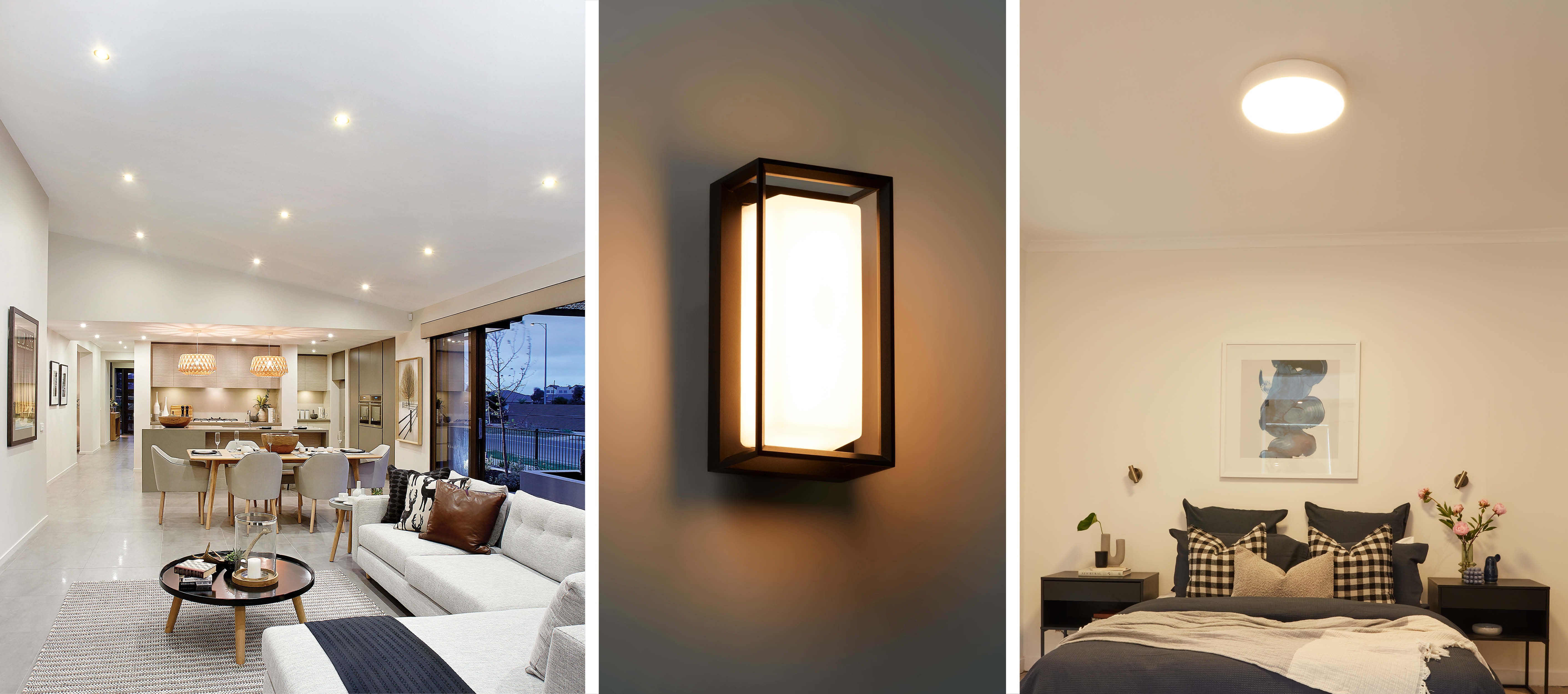 Living room with warm downlights, Falun exterior wall light, bedroom with Ganon ceiling light