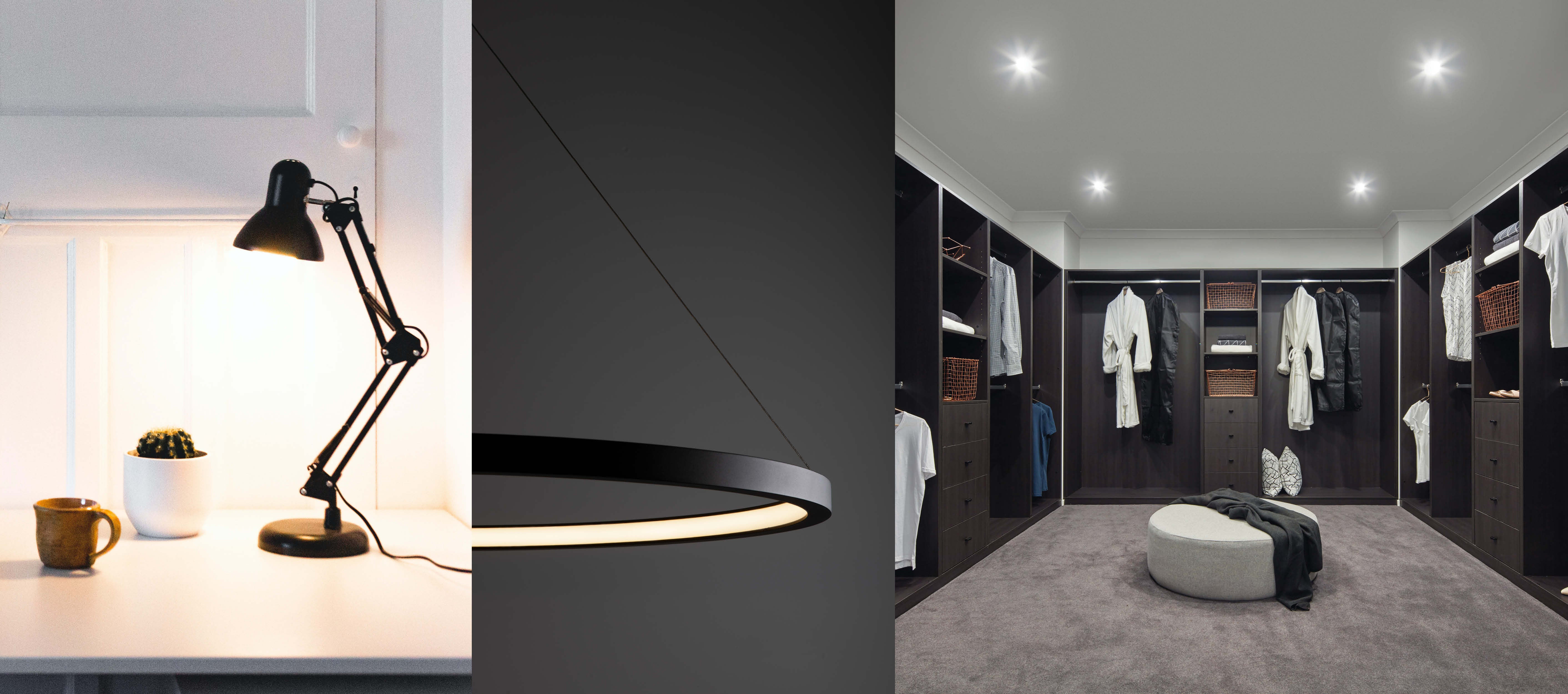 Desk lamp, Zulla pendant lamp, walk in wardrobe with natural white downlights