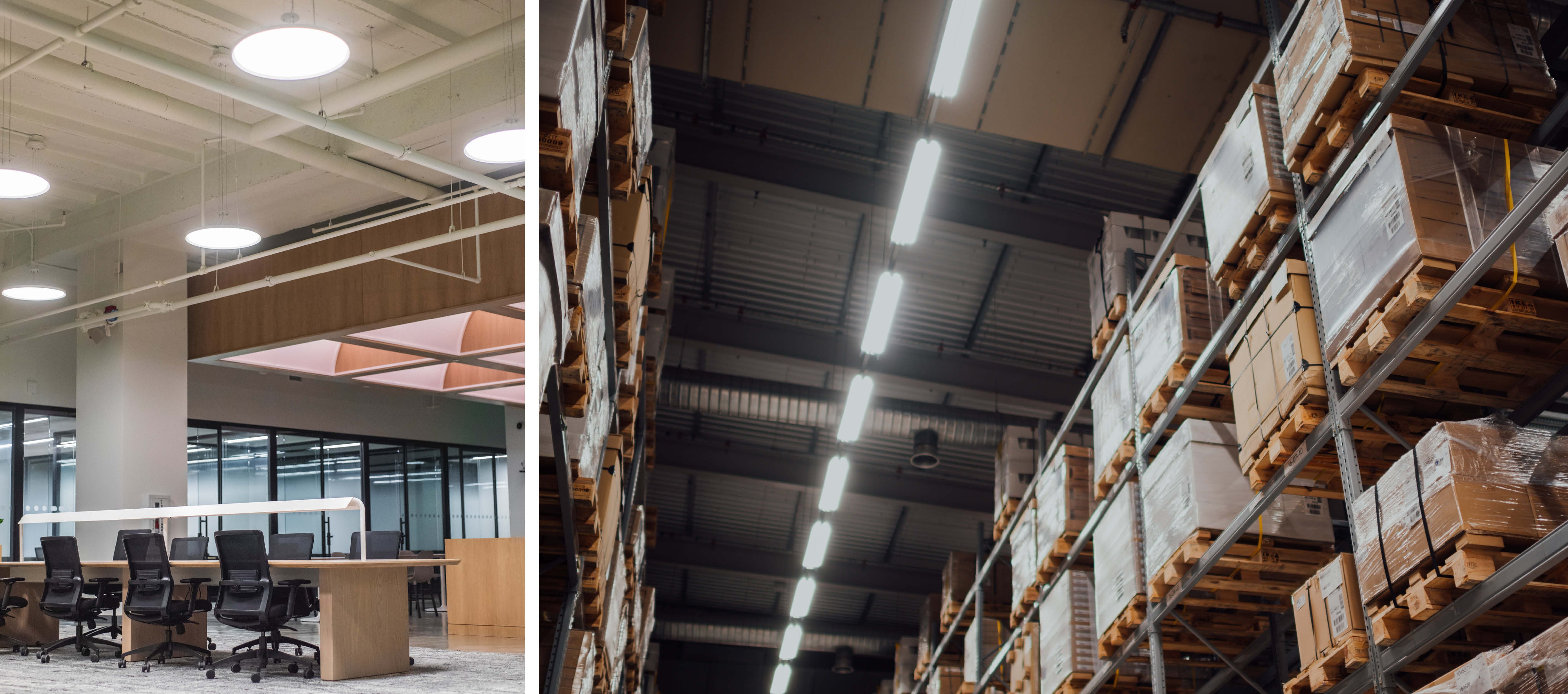 A corporate office with cool white lighting. A warehouse with cool white linear lights.