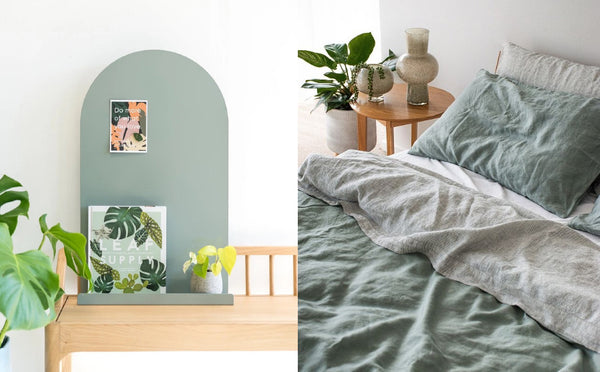 Moodyboard in Sage from Growme Melbourne. Bed linen in Sage from I Love Linen.