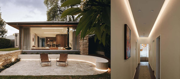 A garden with curved seating lined with strip lighting and a hallway bulkhead with strip lighting installed, also known as cove lighting.
