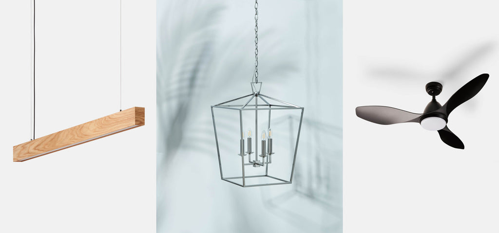 Linear pendant, Sayville pendant and Luna ceiling fan