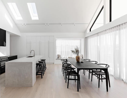 minimal white kitchen and dining room