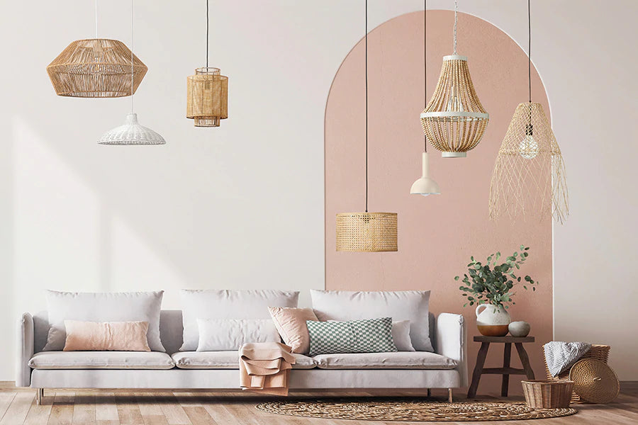 Lumi Lighting collection of pendant lamps made from natural materials, woven rattan, straw, sand colour.