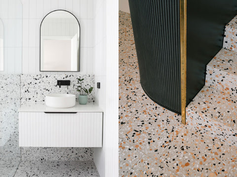 Left: Smart Style Bathrooms Bayswater residence with terrazzo tiles from Fibonacci Stone. Photography by Matt Biocich. Right: Paradiso coffee shop by Nomos Architects. Photography by Miguel de Guzmán.