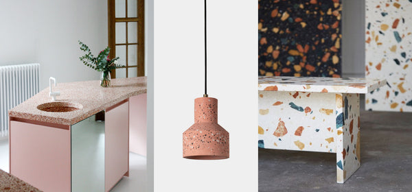 Left: Atelier Dialect ‘Anne’ kitchen design project. Middle: Lumi Lighting Pepi pendant in pink. Right: Max Lamb ‘Marmoreal’ engineered marble, produced for Dzek. Display at London Design Festival 2015. Photo courtesy of Dzek.
