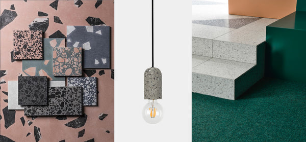 Left: Mandarin Stone terrazzo in Shard and Pebble. Middle: Lumi Lighting Reo pendant in natural. Right: Doherty Design Studio ‘Malvern Residence Two’ with CDK Stone terrazzo tiles. Photography by Derek Swalwell.