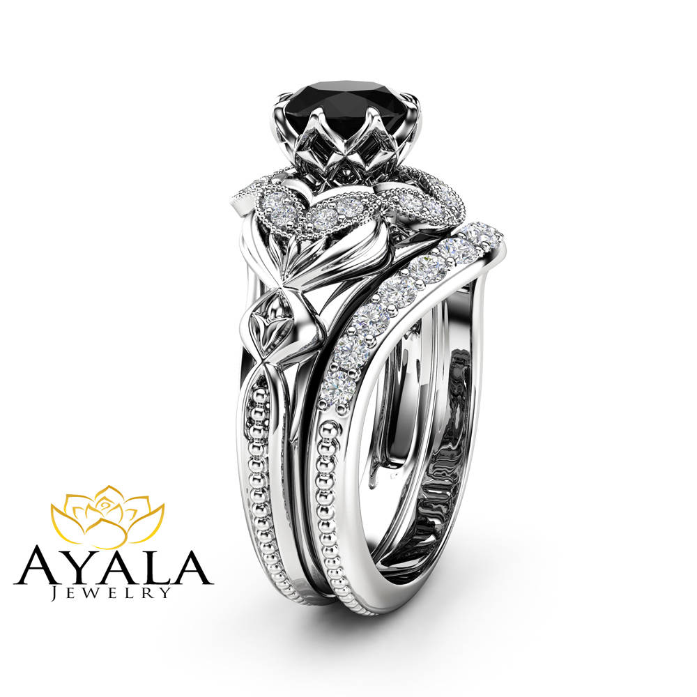 Black Diamond Engagement Matching Rings Art Deco White Gold Ring Set