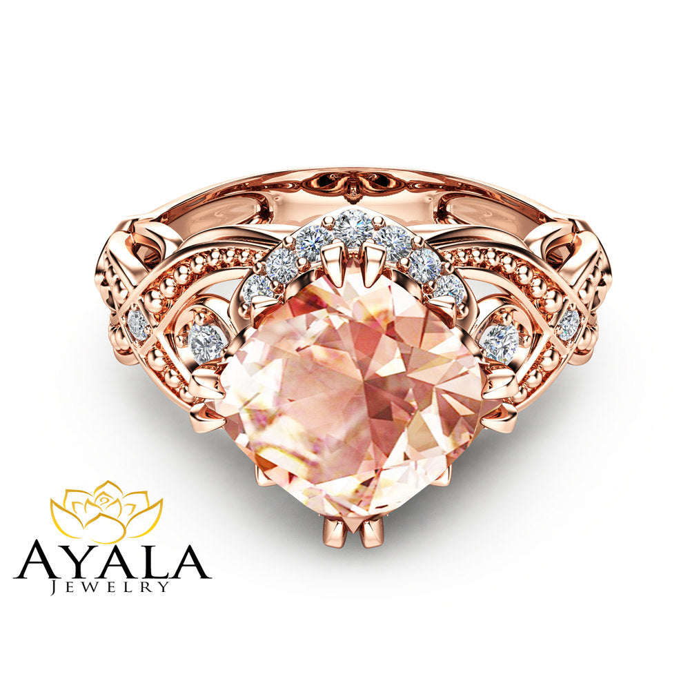 Cushion Cut Peach Pink Morganite Ring 14K Rose Gold ...