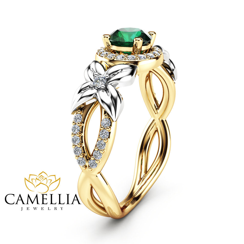 Emerald Halo Engagement Ring 14K Two Tone Gold Halo Ring Floral Natura ...