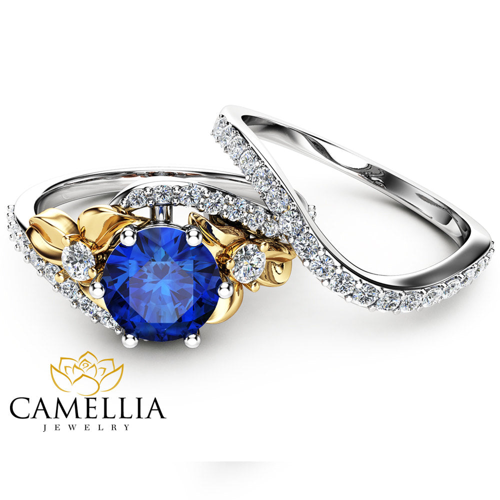 Sapphire Unique Engagement Ring Set 14K Two Tone Gold ...