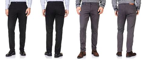 Diferentes estilos de pantalones de vestir para hombre.