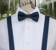 navy blue bow tie and suspenders