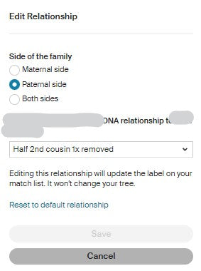 Ancestry DNA Match - Edit Relationship Options