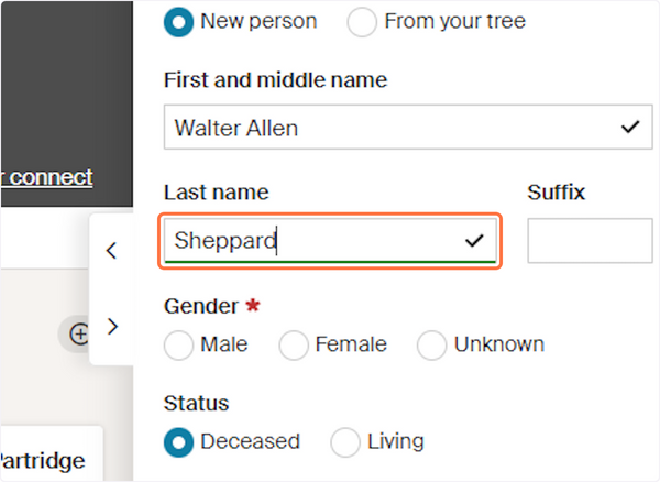 How to add a floating person to your family tree on Ancestry - Enter name