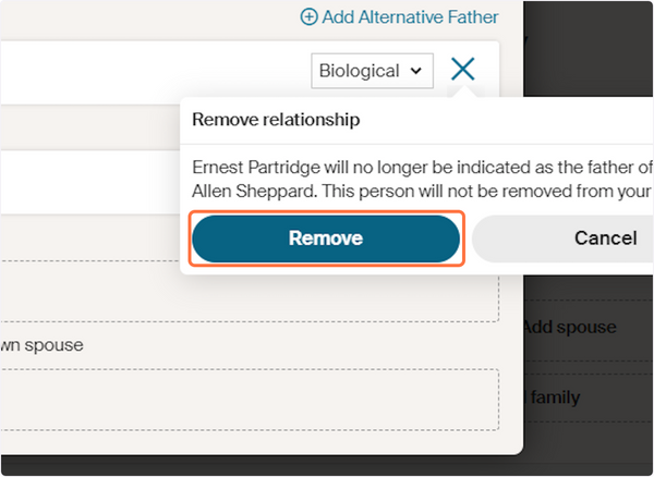 How to add a floating person to your family tree on Ancestry - Click on remove