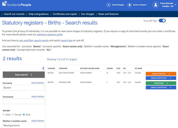 Scotlands People Baxter Montgomerie birth search results