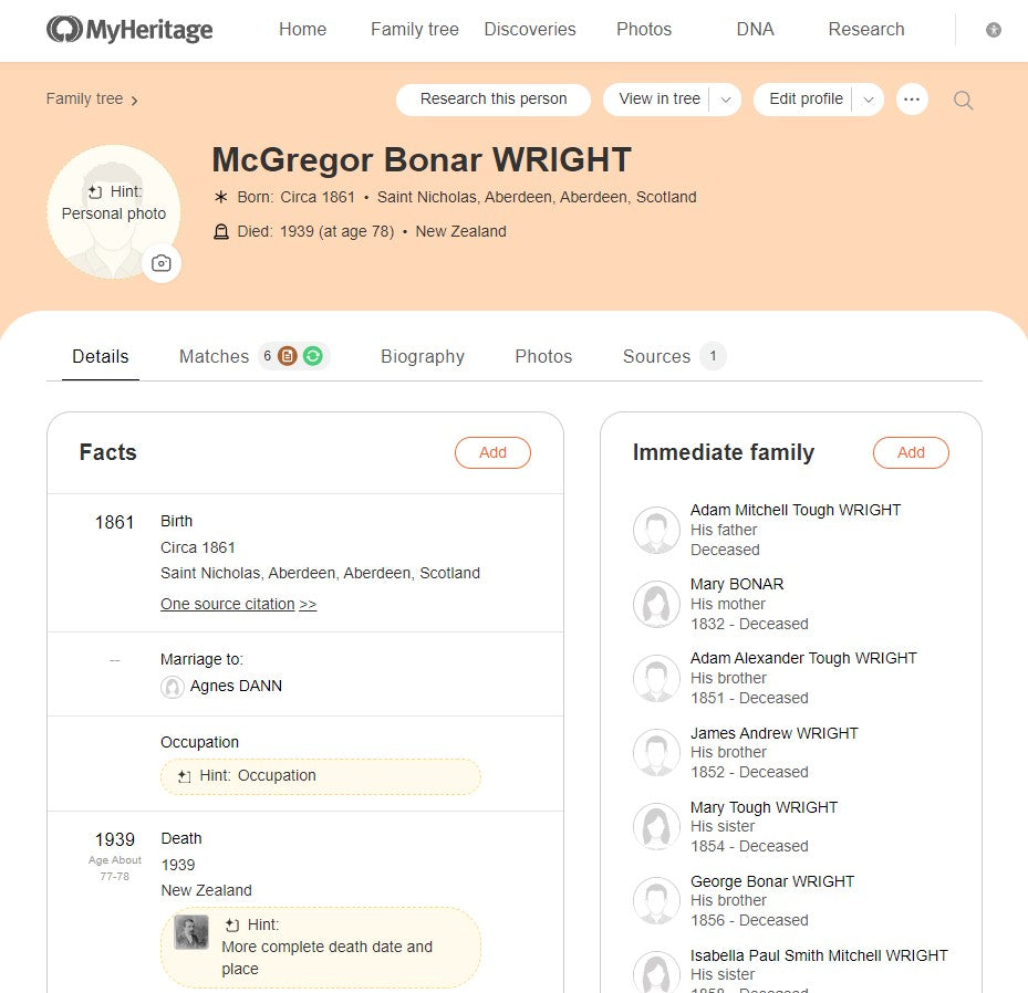 MyHeritage Profile Page for McGregor Bonar Wright after the profile page update February 2024