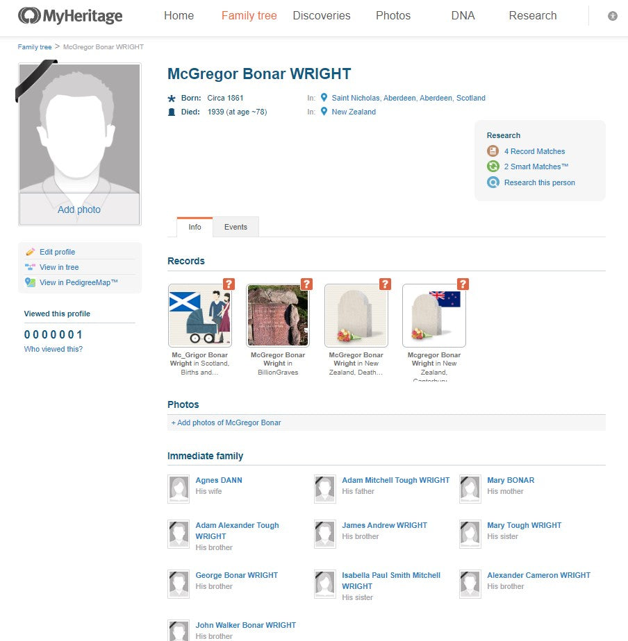 MyHeritage Profile Page for McGregor Bonar Wright before the profile page update February 2024