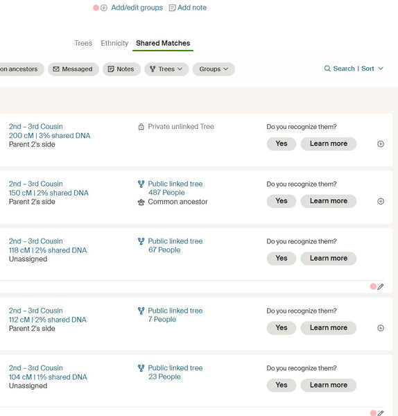 Ancestry SideView Clustering Unassigned matches by parent