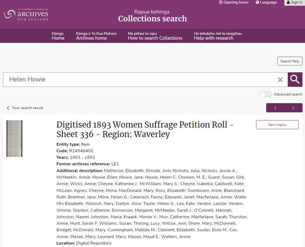 Archives New Zealand Collections Search Helen Howie Women Suffrage Petition 1893