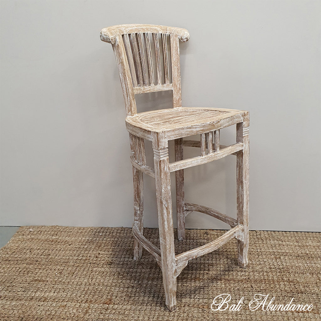 Hand Carved Whitewash Teak Bar Stool With Back Rest Bali Abundance