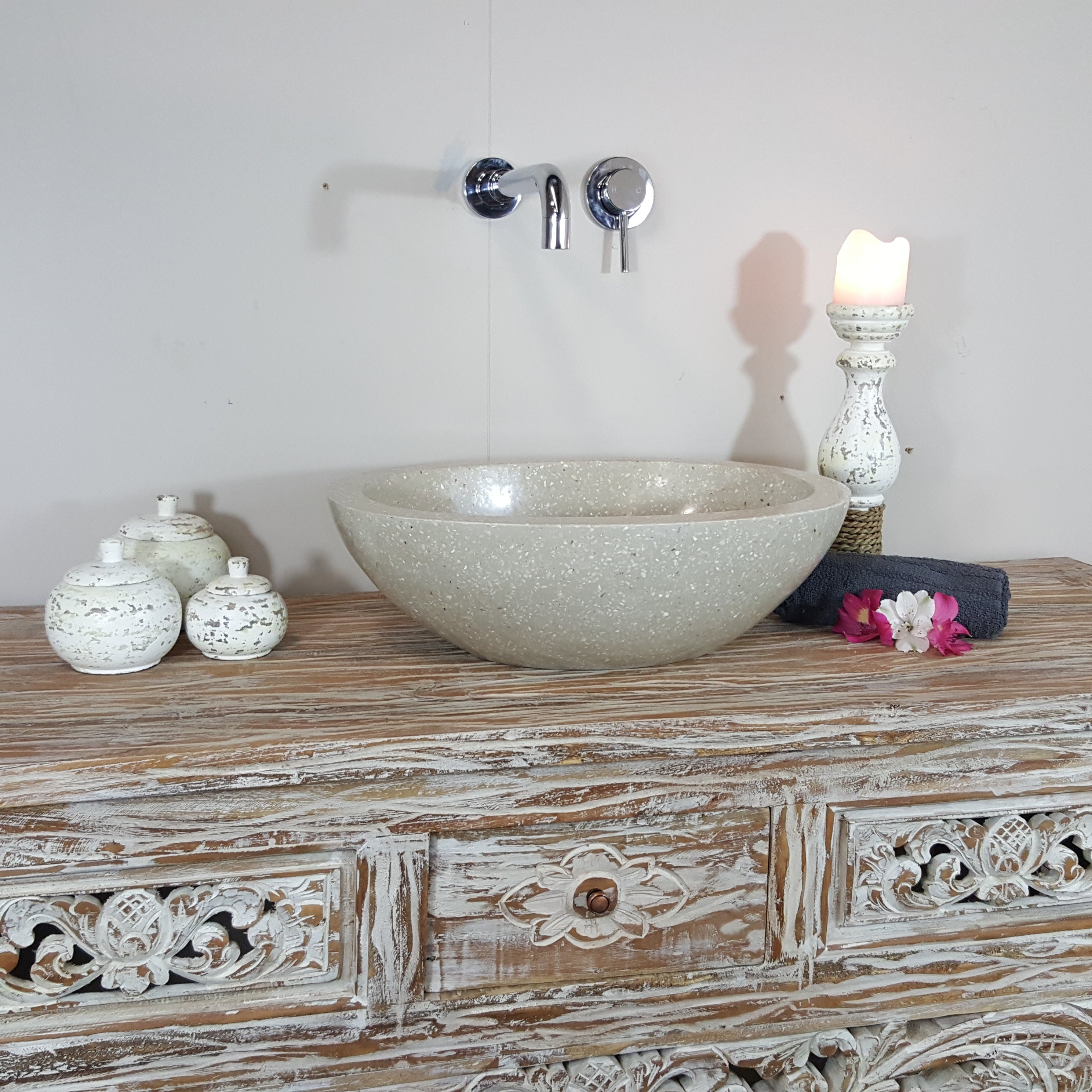 Terrazzo Marble Stone Oval Beige Grey Bathroom Basin No