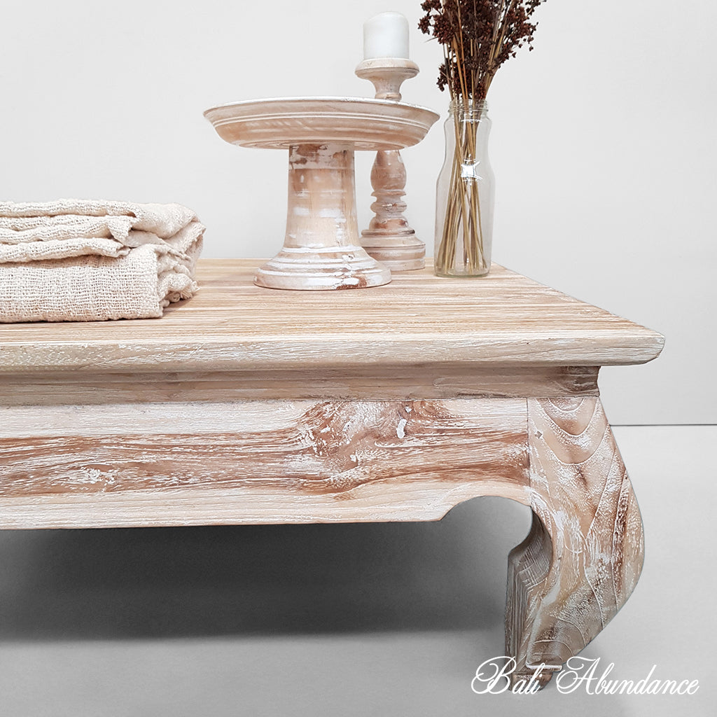 Hand Carved Opium Leg Coffee Table Whitewash Bali Abundance