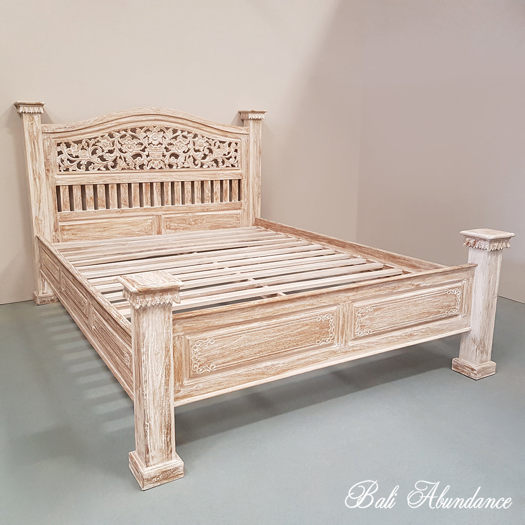 Hand Carved Teak Wood Bed The Lovina In Whitewash Bali Abundance