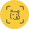 Dog selfie alert icon - A yellow circle icon featuring a dog's face graphic