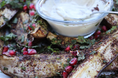 Image of tahini eggplant dish for LĒVO's vegan meal plan for a week.