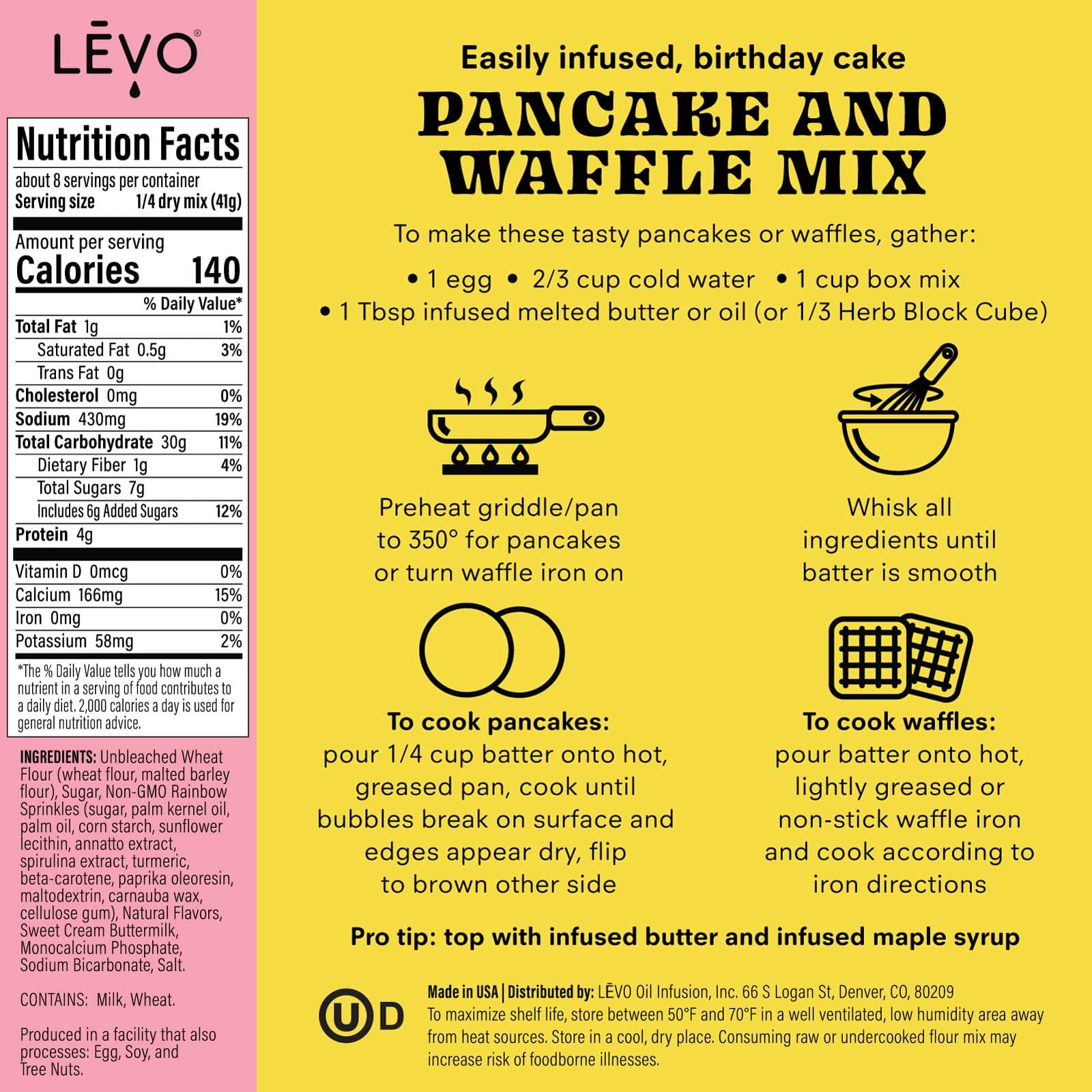 Easily infused LEVO birthday cake pancake and waffle mix. Just add one egg, cold water, and melted butter to have your own infused breakfast party.