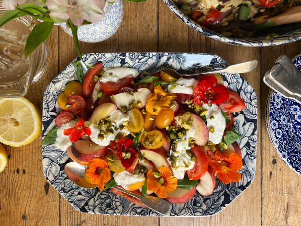 Nectarine & Burrata Salad method served on Burleigh Pottery