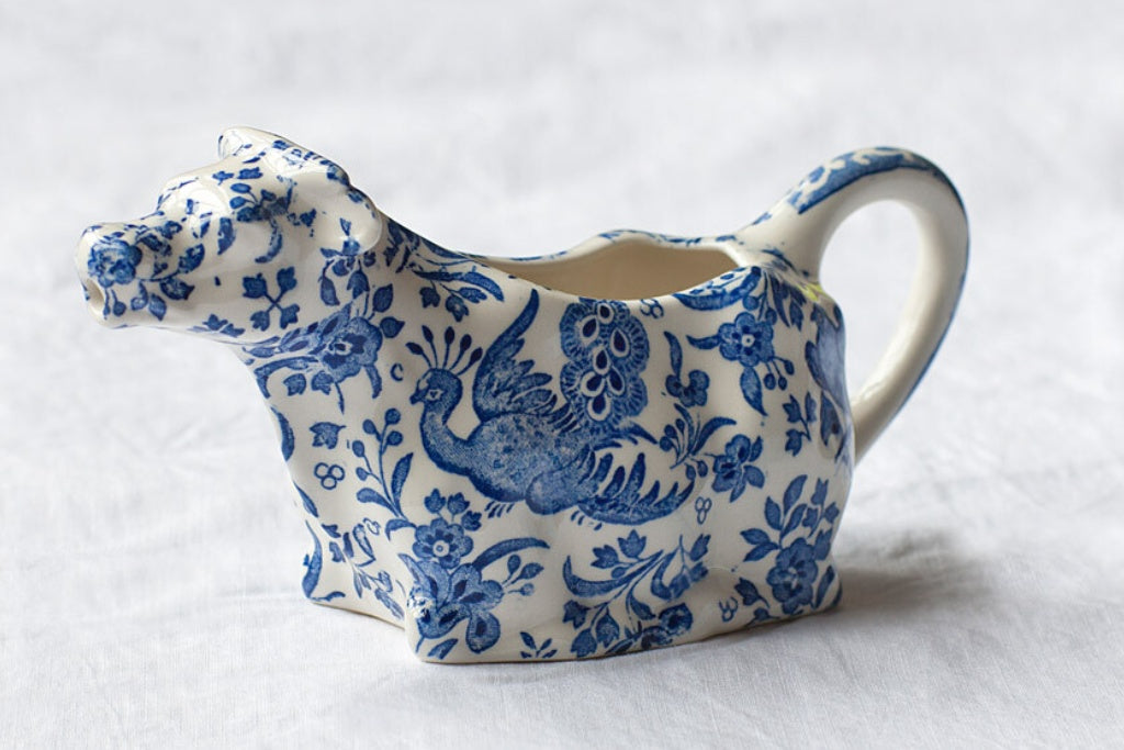 Burleigh Pottery Cow Creamer History Blue Regal Peacock Jug